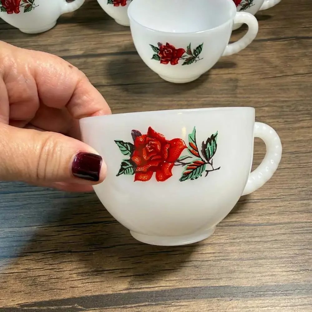 Vintage Rosecrest Federal Milk Glass Cups Red Rose Pattern Set of 5